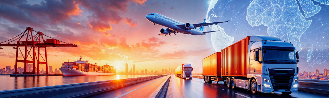 Panoramic view across airport ramps, taxiways, and cargo handling areas at dusk or dawn